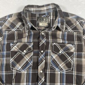 BKE Buckle Men's Medium Western‎ Pearl Snaps Slim Fit Plaid Long Sleeve Brown